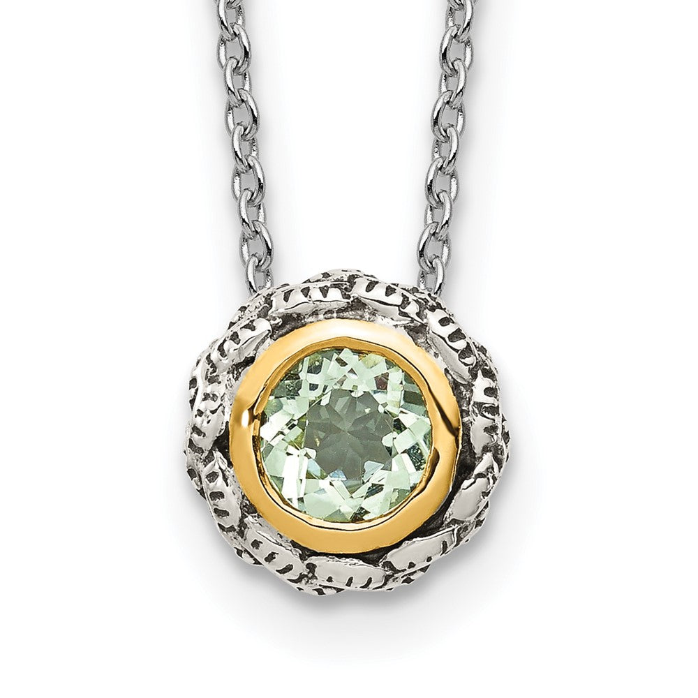 Sterling Silver 14K Gold Accent Round Bezel Green Quartz Necklace 18"