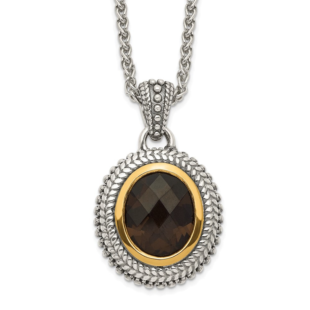 Sterling Silver 14K Gold Accent Oval Bezel Smoky Quartz Necklace 18"