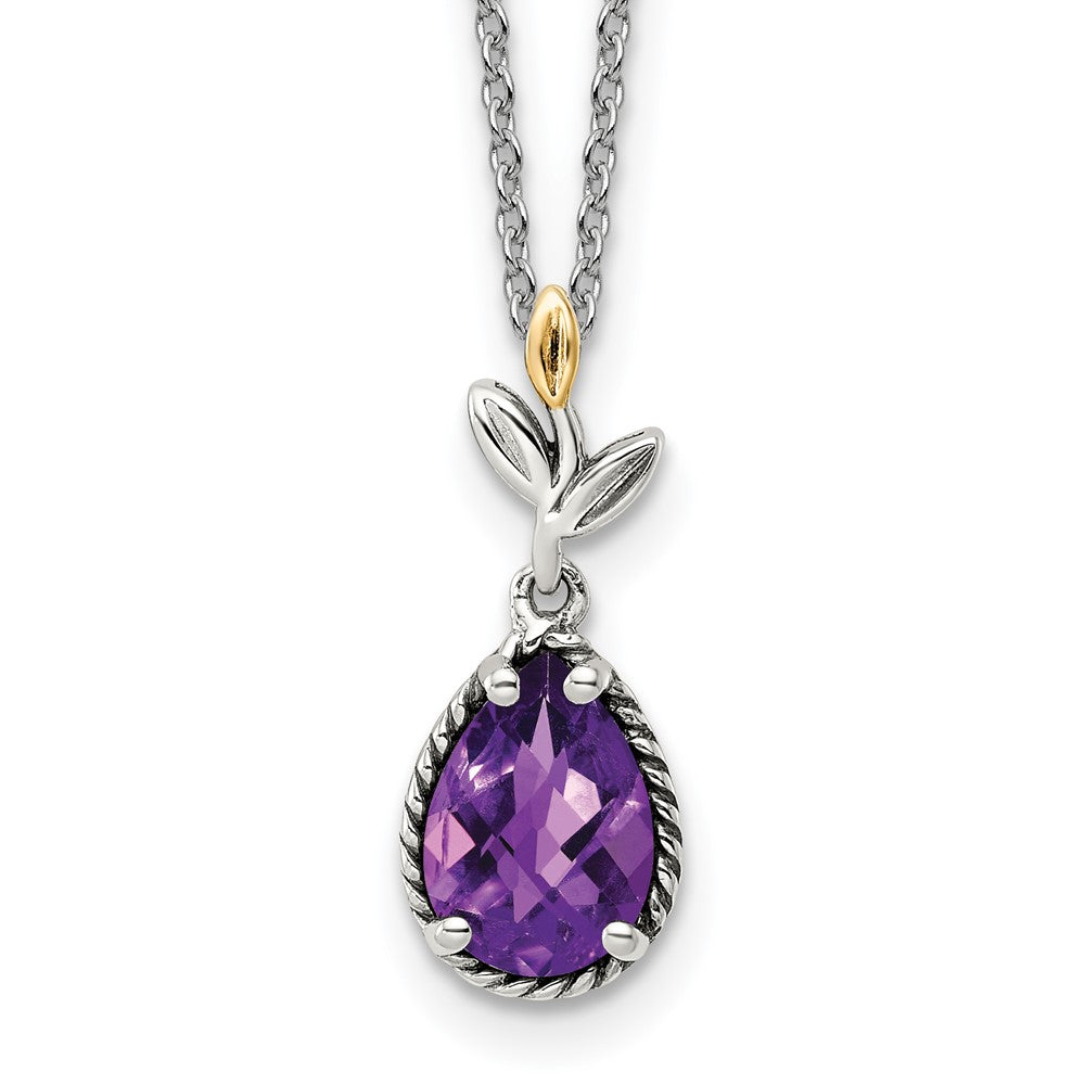 Sterling Silver 14K Gold Accent Leaves with Checkerboard Amethyst Necklace 20"