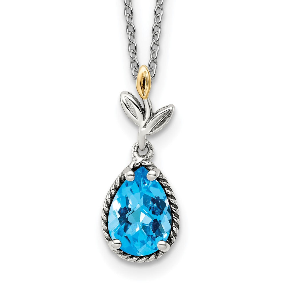 Sterling Silver 14K Gold Accent Leaves with Checkerboard Blue Topaz Necklace 20"