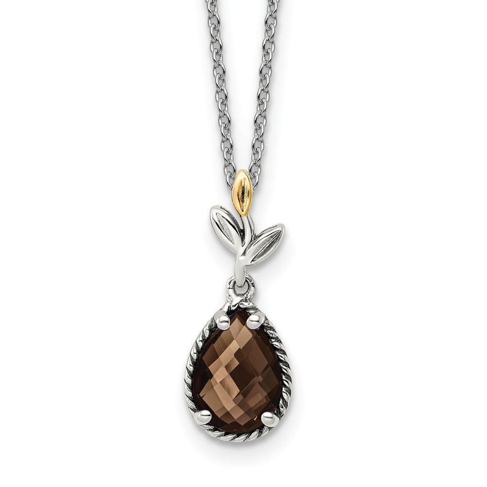 Sterling Silver 14K Gold Accent Leaves with Checkerboard Smoky Quartz Necklace 20"