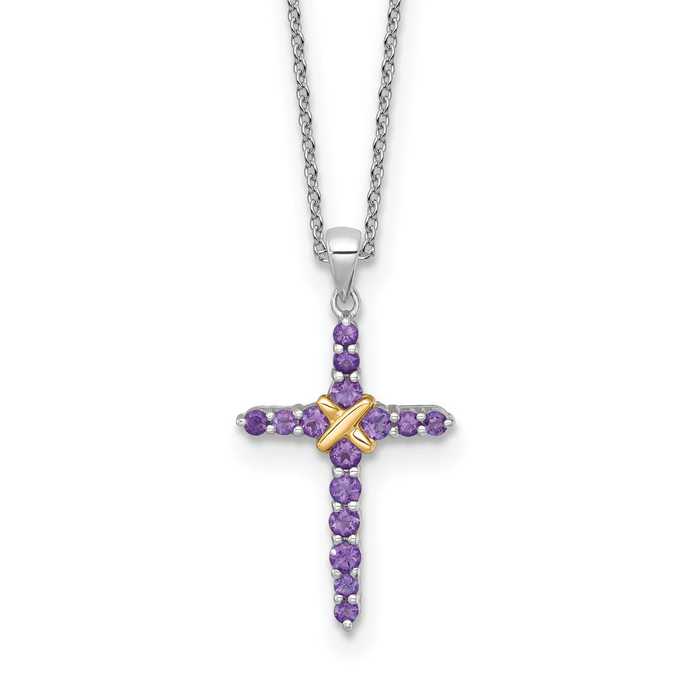 Sterling Silver with 14k -X- Accent Round Amethyst Cross Necklace 18"