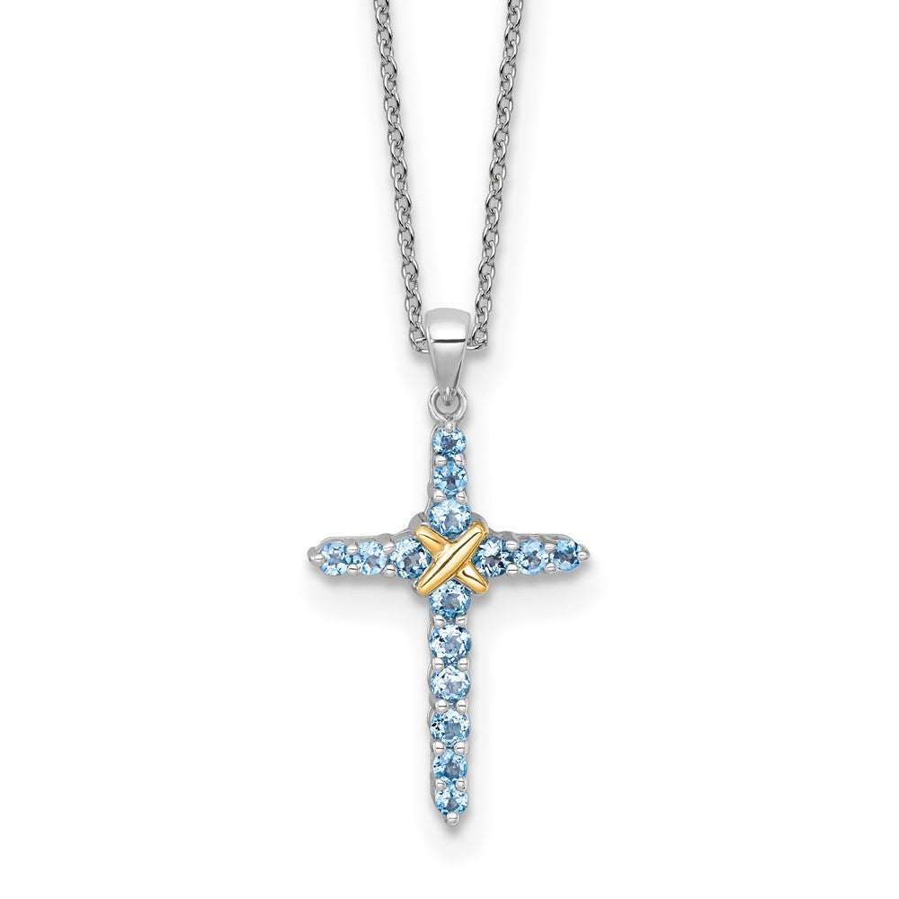 Sterling Silver with 14k -X- Accent Light Swiss Blue Topaz Cross Necklace 18"