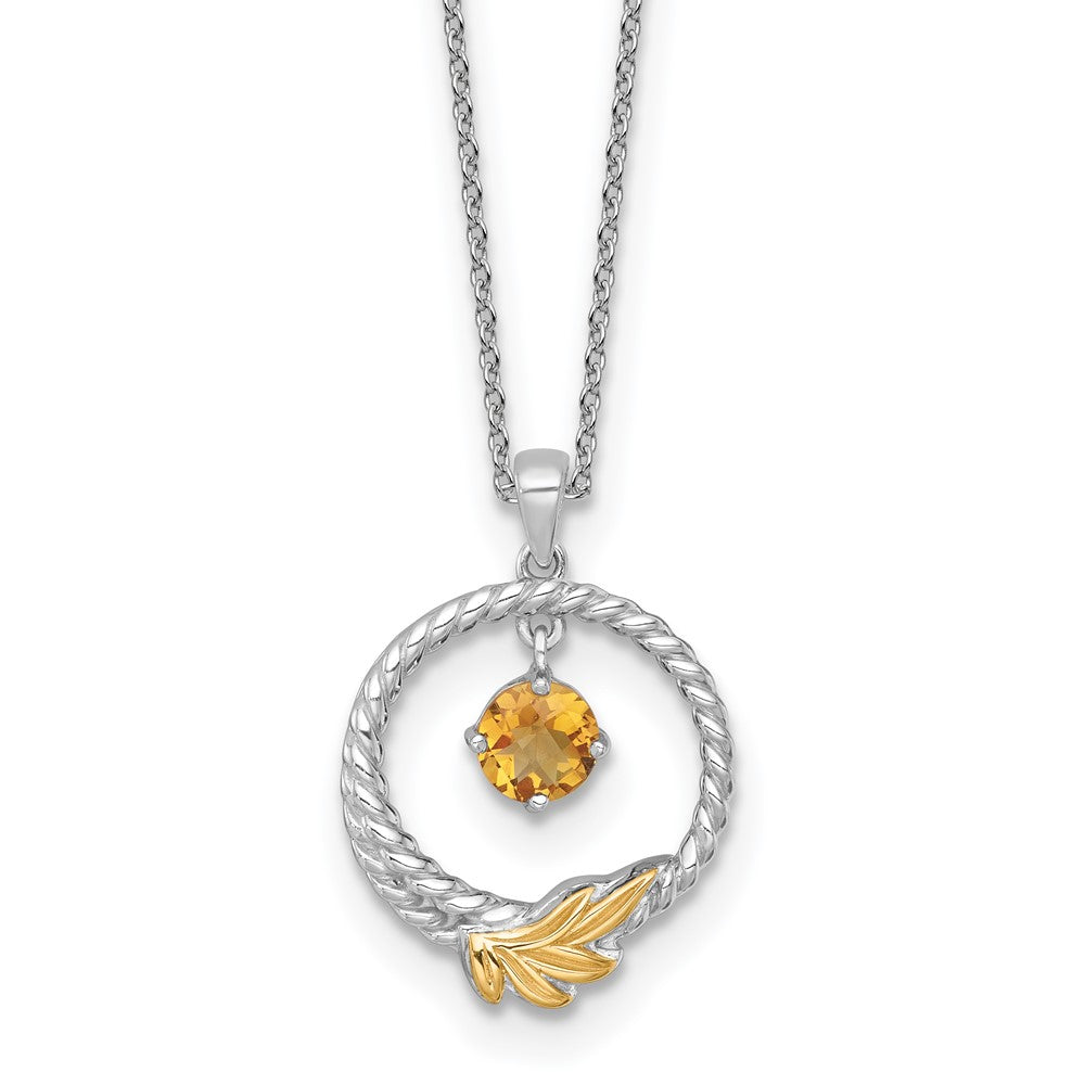 Sterling Silver Twisted Circle 14k Leaf Accent Round Citrine Dangle Necklace 18"