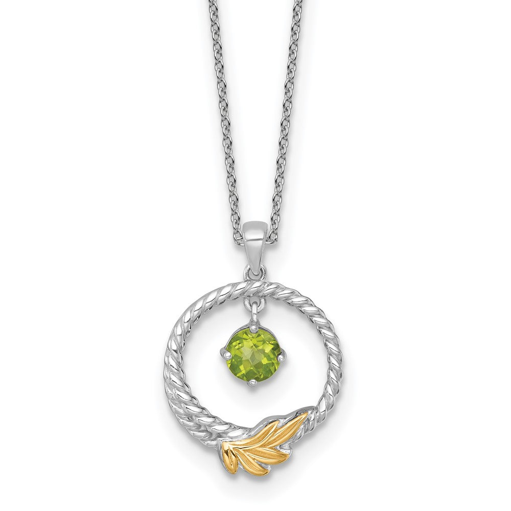 Sterling Silver Twisted Circle 14k Leaf Accent Round Peridot Dangle Necklace 18"
