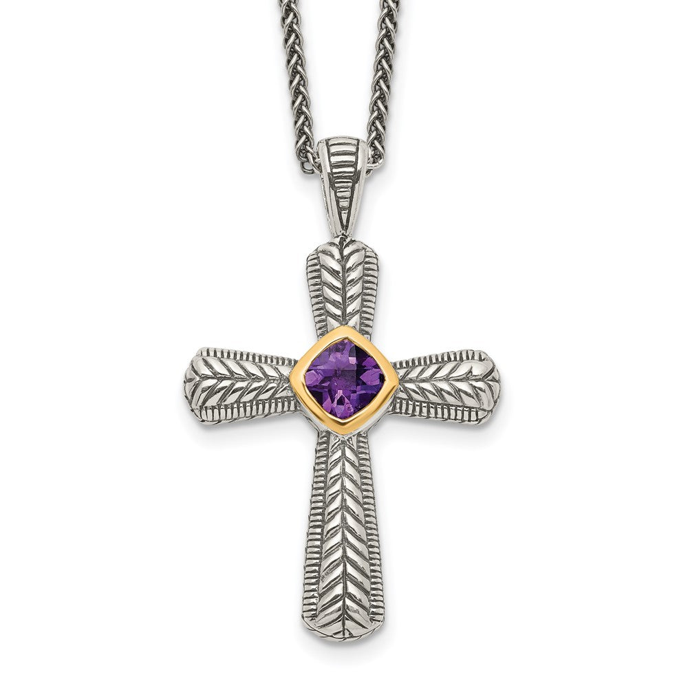 Sterling Silver 14K Gold Accent Cushion Bezel Amethyst Cross Necklace 18"
