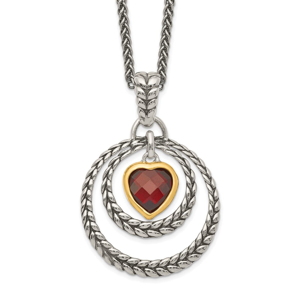 Sterling Silver Flash Gold-plated Checkerboard Garnet Heart Necklace 18"
