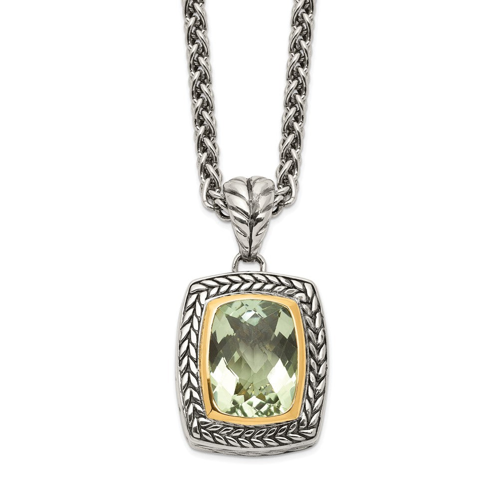 Sterling Silver 14K Gold Accent Cushion Bezel Green Quartz Necklace 20"