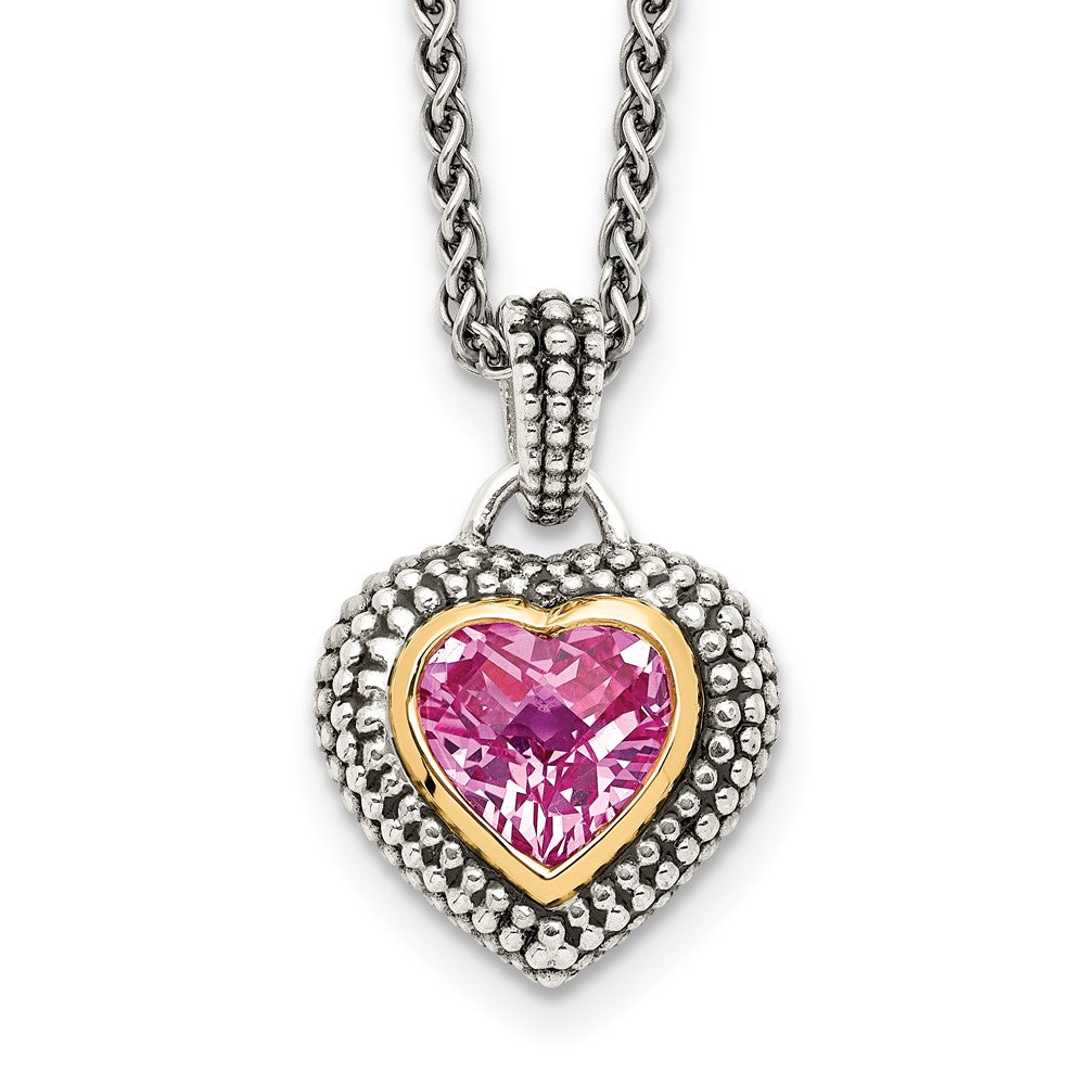 Sterling Silver 14K Gold Accent Heart Bezel Created Pink Sapphire Necklace 18"