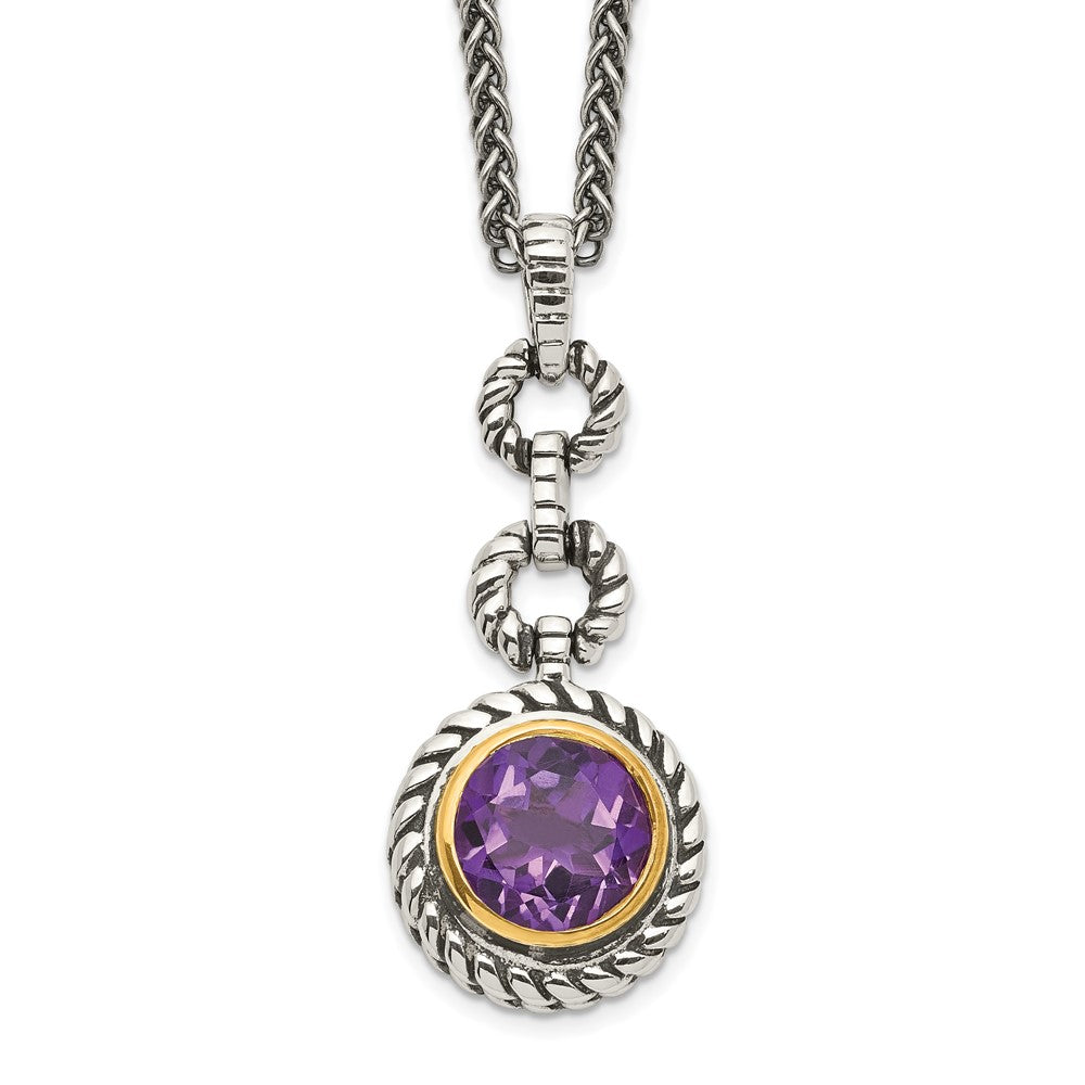 Sterling Silver Flash Gold-plated Round Bezel Amethyst Necklace 18"
