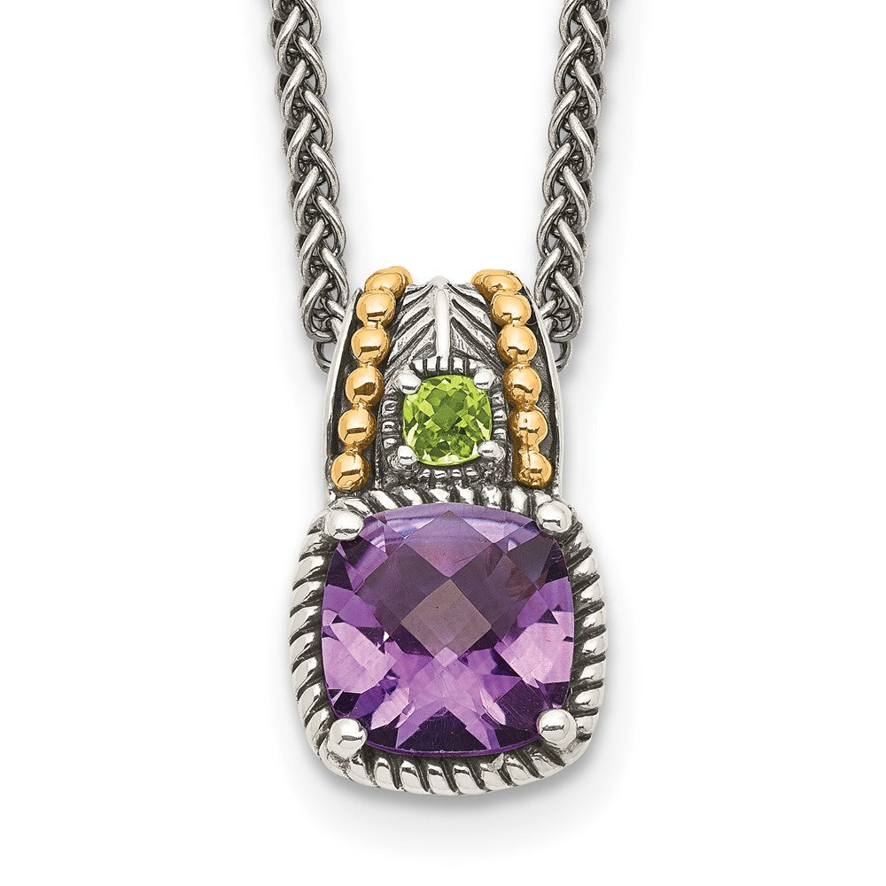 Sterling Silver 14K Gold Accent Cushion 1.85 Amethyst and .21 Peridot Necklace 18"