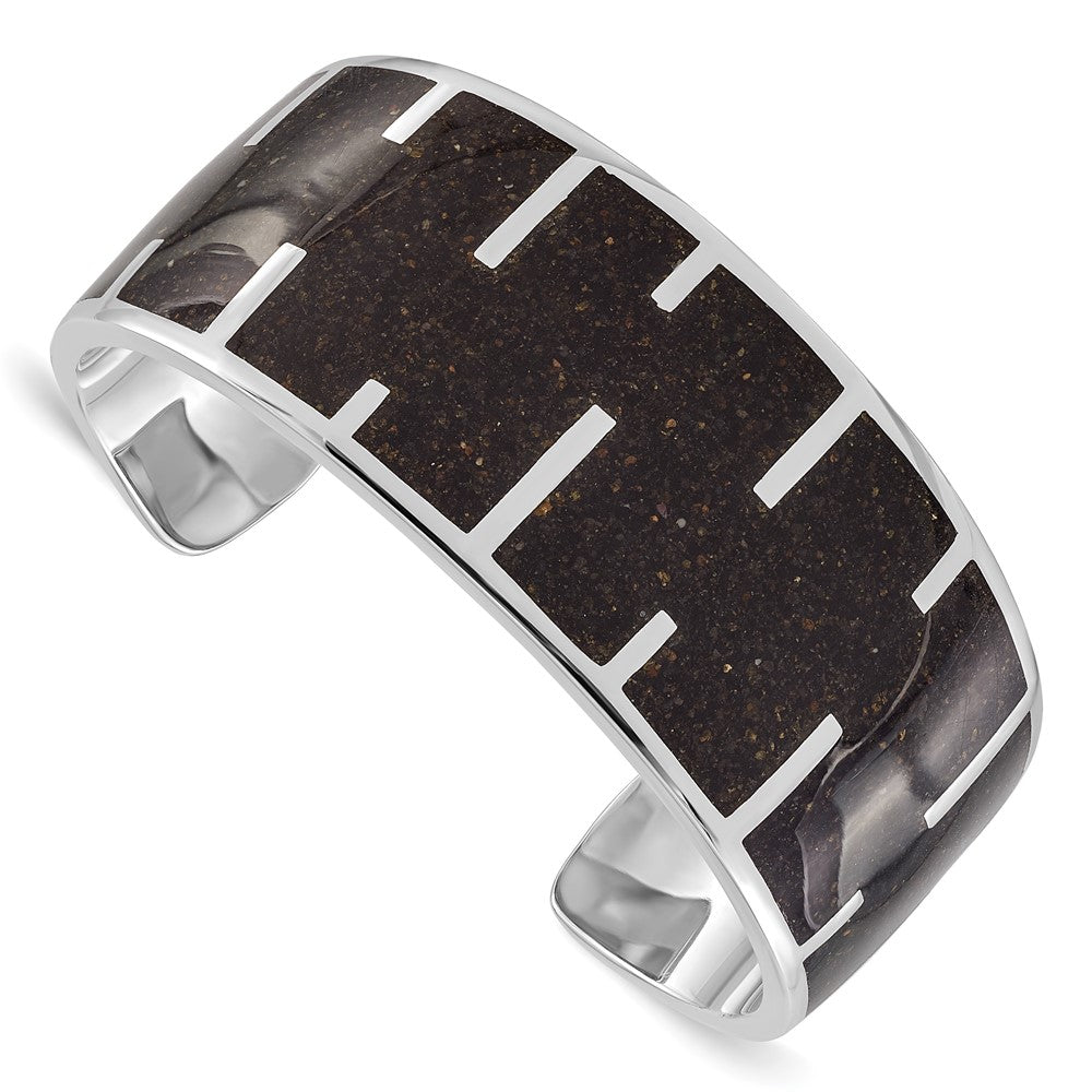 925 Sterling Silver 28.75mm Black Resin & Sand Cuff Bracelet 7 inch