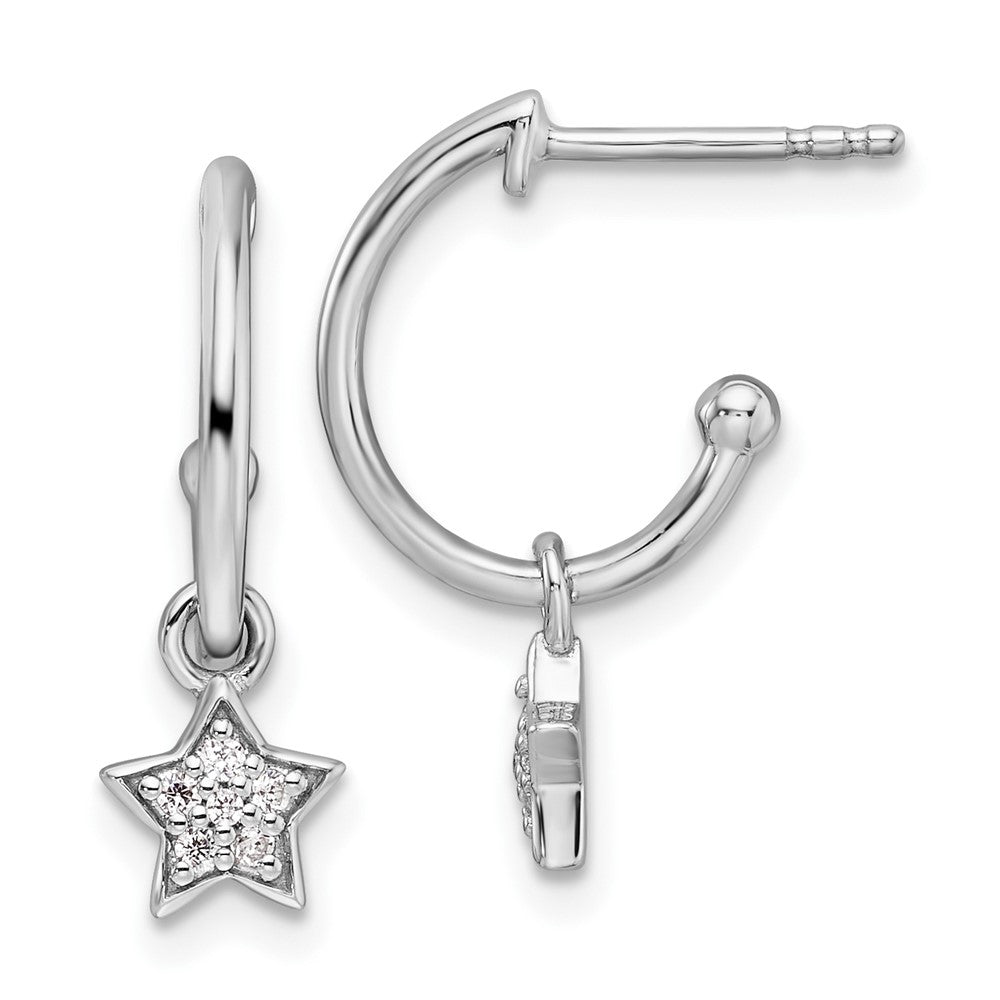 Sterling Silver Rhodium-plated Diamond Star Dangle J-Hoop Post Earrings