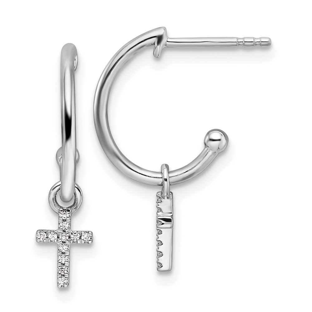 Sterling Silver Rhodium-plated Diamond Cross Dangle J-Hoop Post Earrings