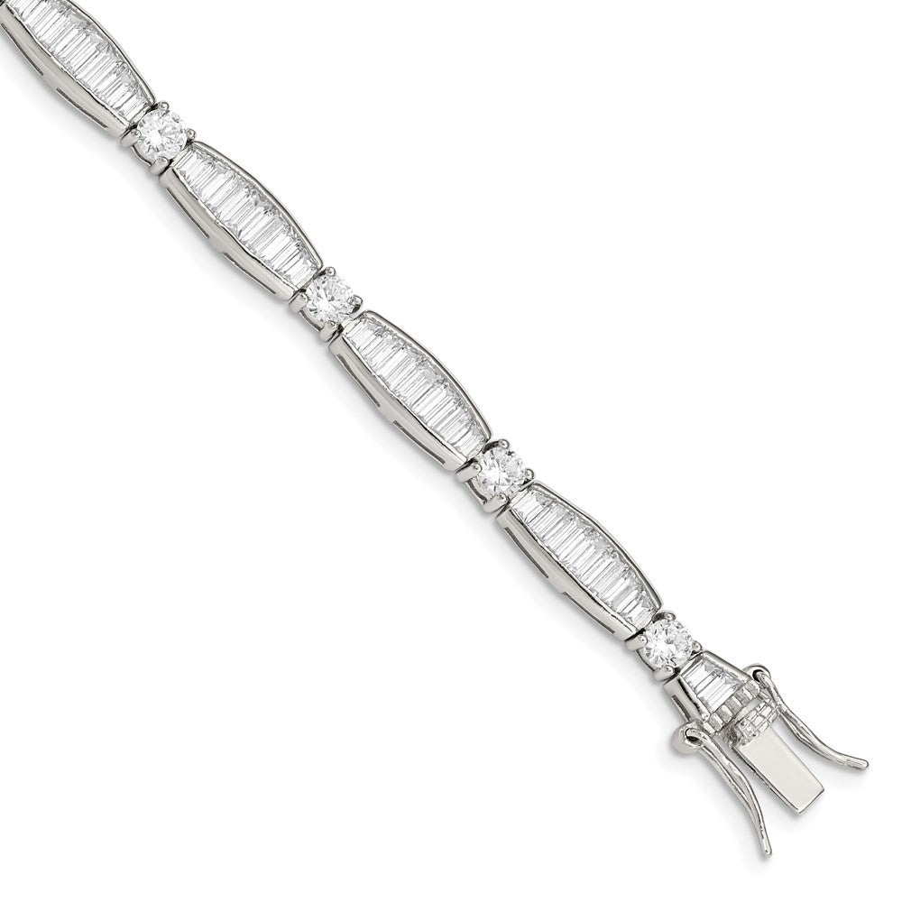 925 Sterling Silver Rhodium-plated Baguette and Round Cubic Zirconia Bracelet 7 inch