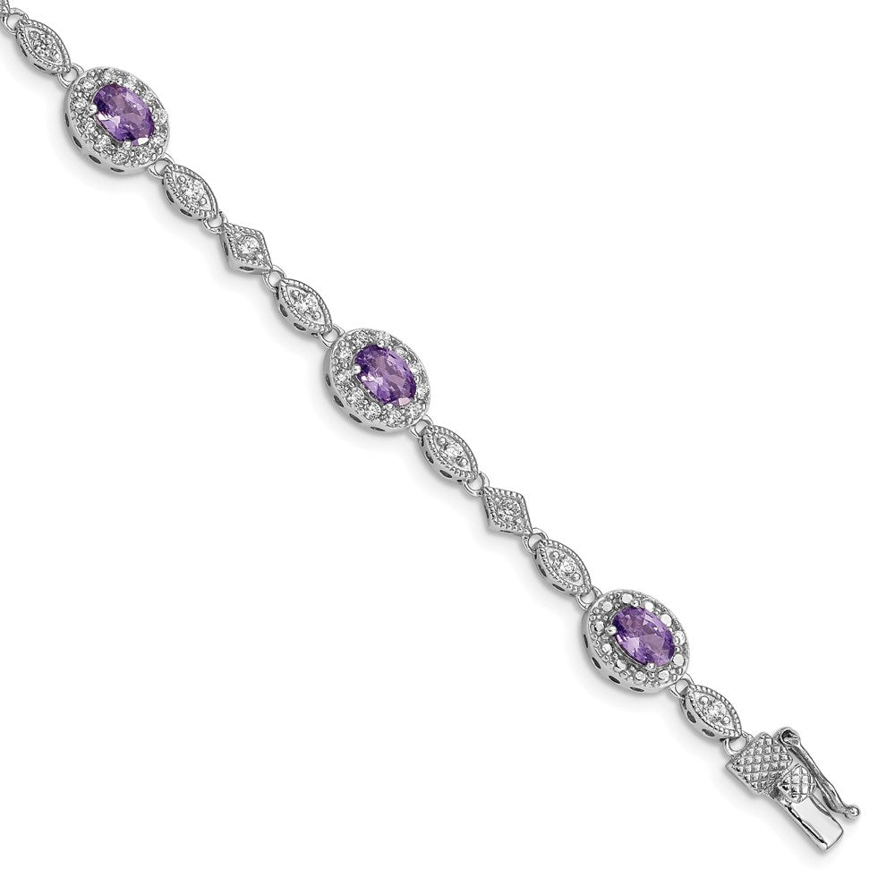 925 Sterling Silver Rhodium-plated Purple and Clear Cubic Zirconia Bracelet 7 inch