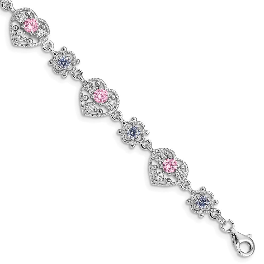 925 Sterling Silver 0mm Rhodium-plated Pink and Clear Cubic Zirconia Heart Bracelet 7 inch