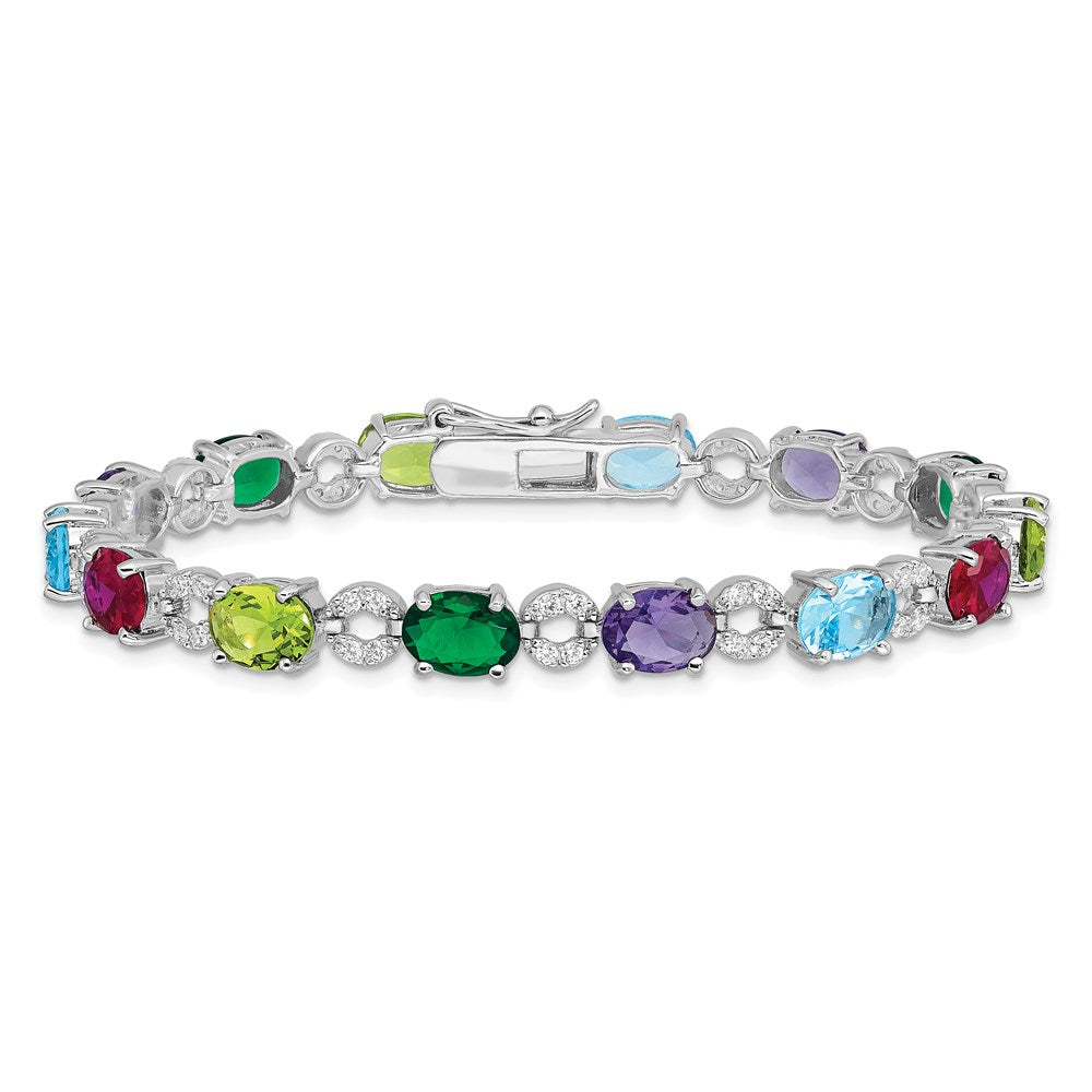 925 Sterling Silver 7mm Rhodium-plated Multicolor Cubic Zirconia Bracelet 7 inch