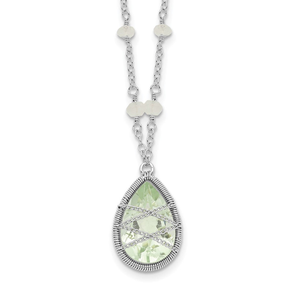 Sterling Silver Rhodium Green Quartz & Rnbow Moonstone Necklace 18"