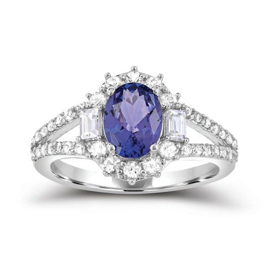 10K White Gold Tanzanite and White Zircon Engagement Ring Size 7 - 1.2Ct