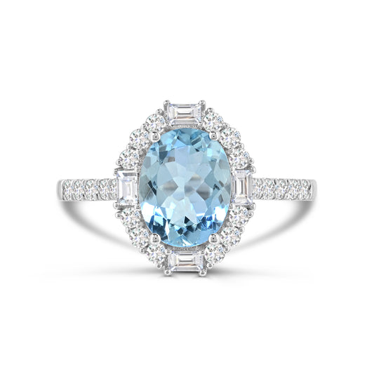 14K White Gold Aquamarine and Diamond Engagement Ring Size 7 - 1.5Ct