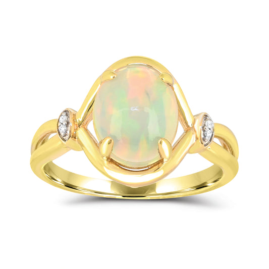 10K Yellow Gold Opal & Diamond Engagement Ring Size 7 -1.35Ct, Color-H-I, I1-I2