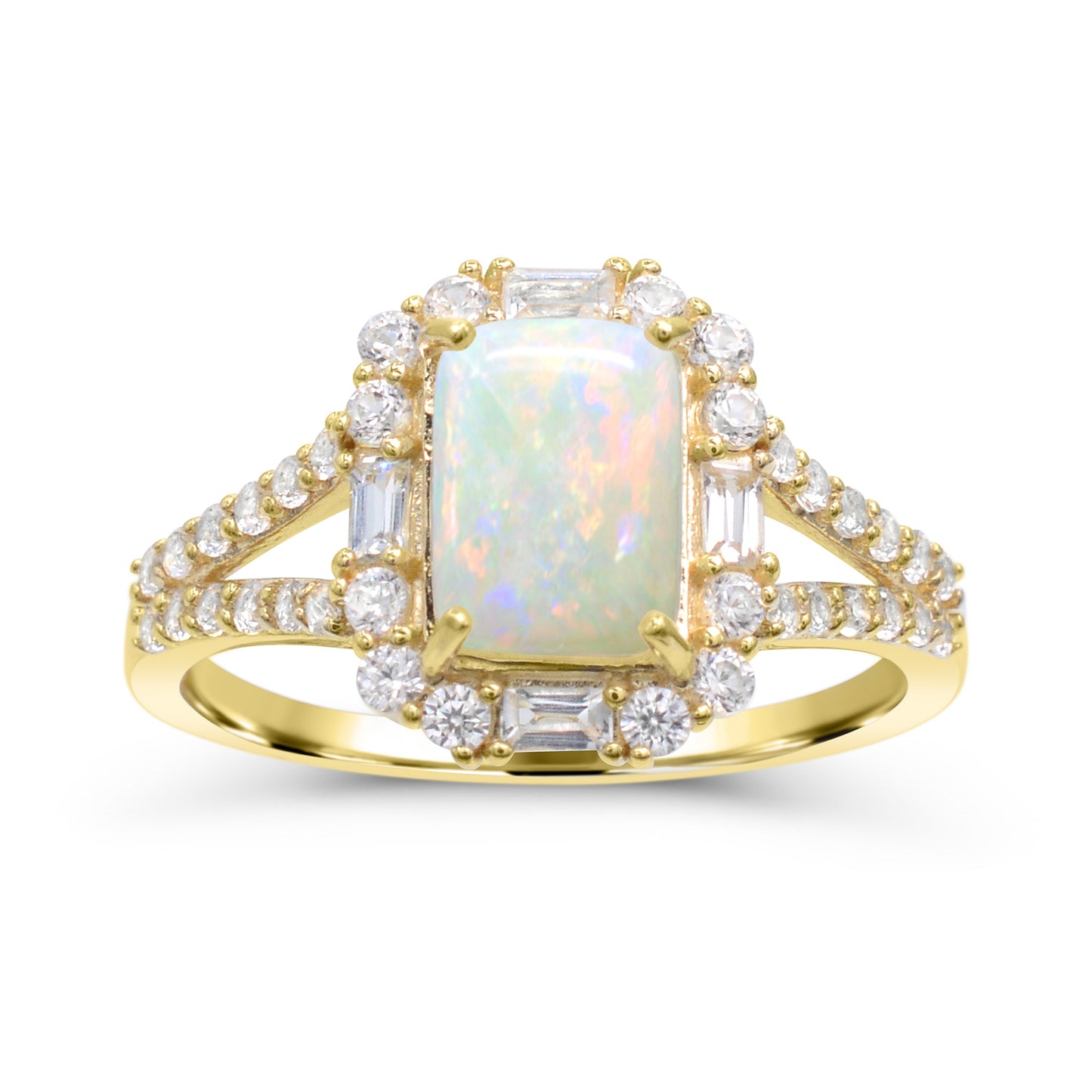 10K Yellow Gold Opal and White Zircon Engagement Ring Size 7 - 0.90Ct