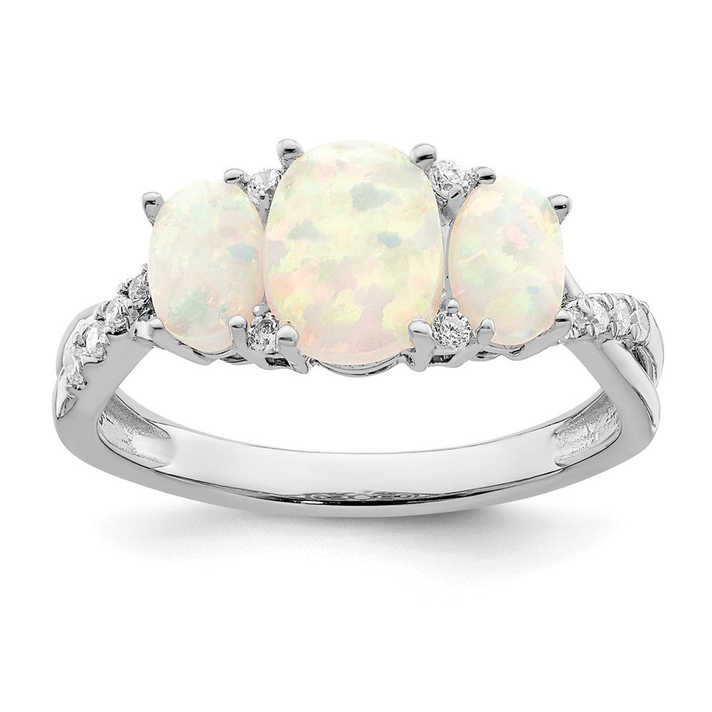 14k White Gold Created Opal and Diamond 3-stone Ring Size 7