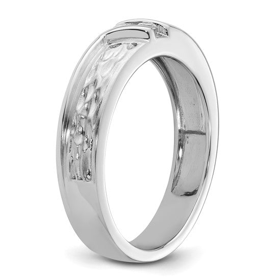 14k White Gold Polish and Satin Hammered Diamond Mens Wedding Band Ring