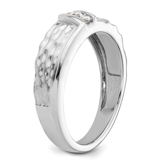 14k White Gold Polish and Satin Hammered Diamond Mens Wedding Band Ring