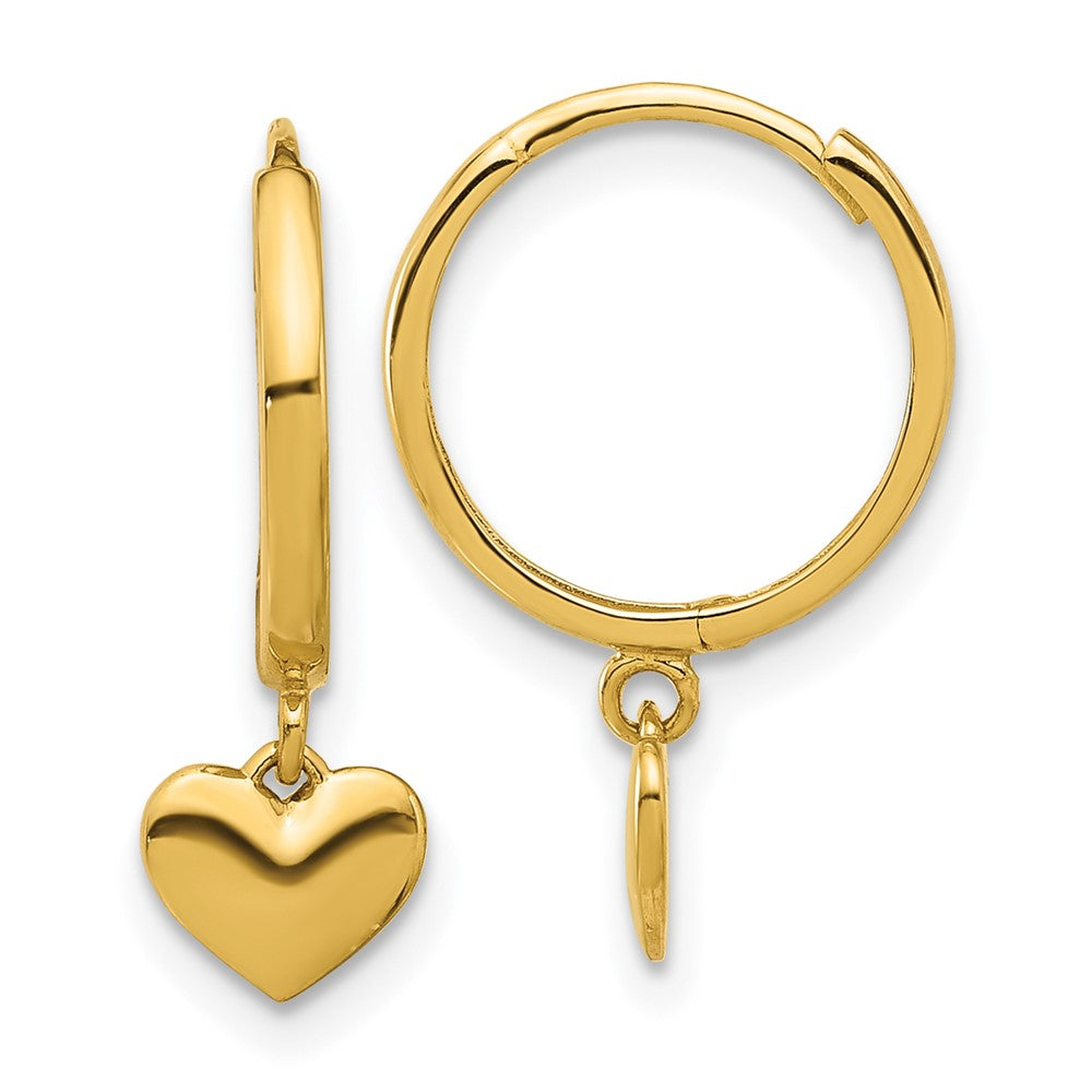 14k Yellow Gold Polished Heart Dangle Huggie Hoop Earrings