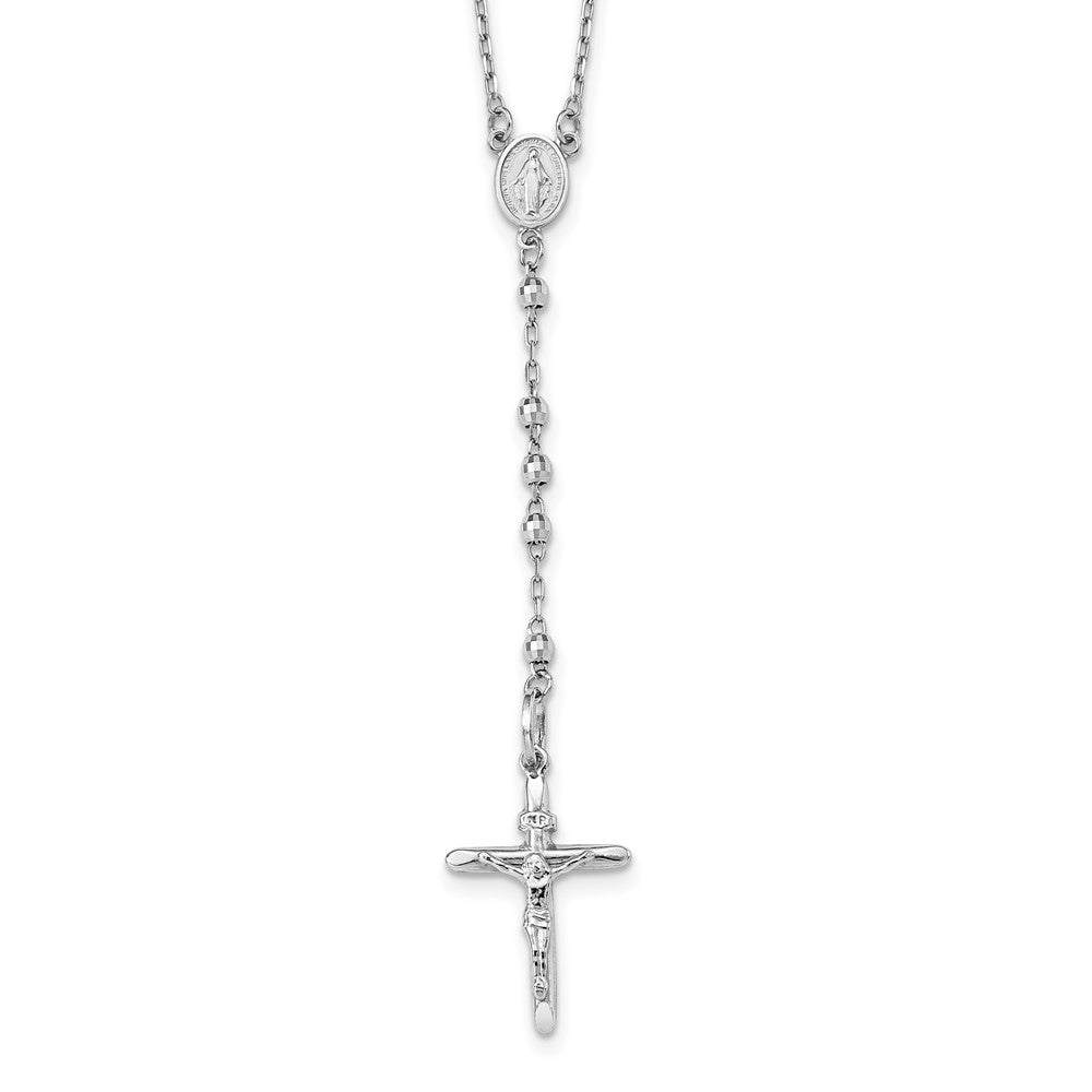 14k White Gold Polished Crucifix and Miraculous Medal with 3mm Mirror Beads Rosary Necklace 24"