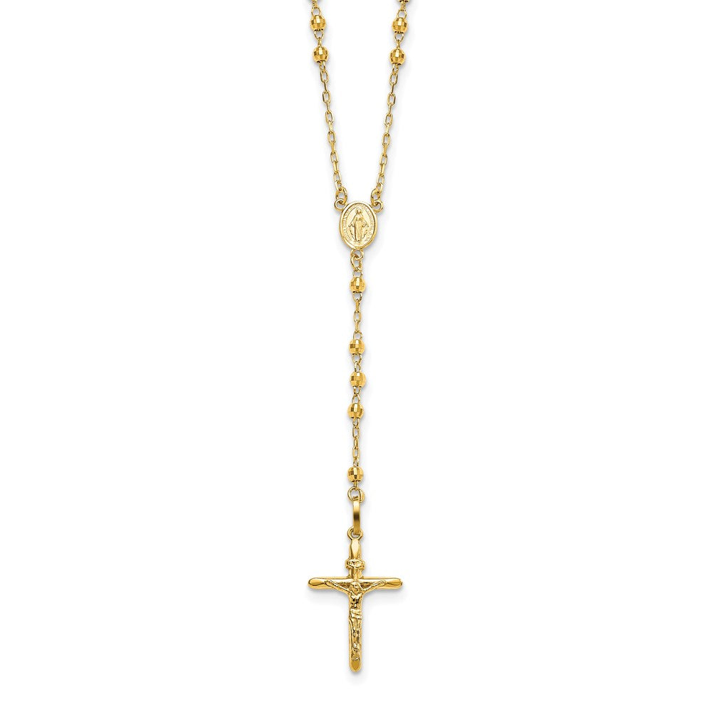 14k Polished Crucifix and Miraculous Medal with 3mm Mirror Beads Semi-solid Rosary Necklace 24"