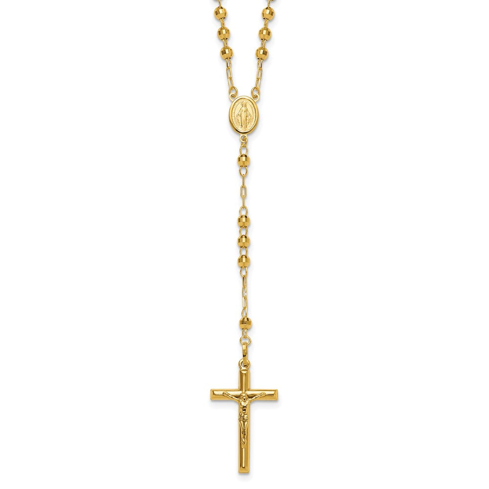 14k Polished Crucifix and Miraculous Medal with 4mm Mirror Beads Semi-solid Rosary Necklace 24"