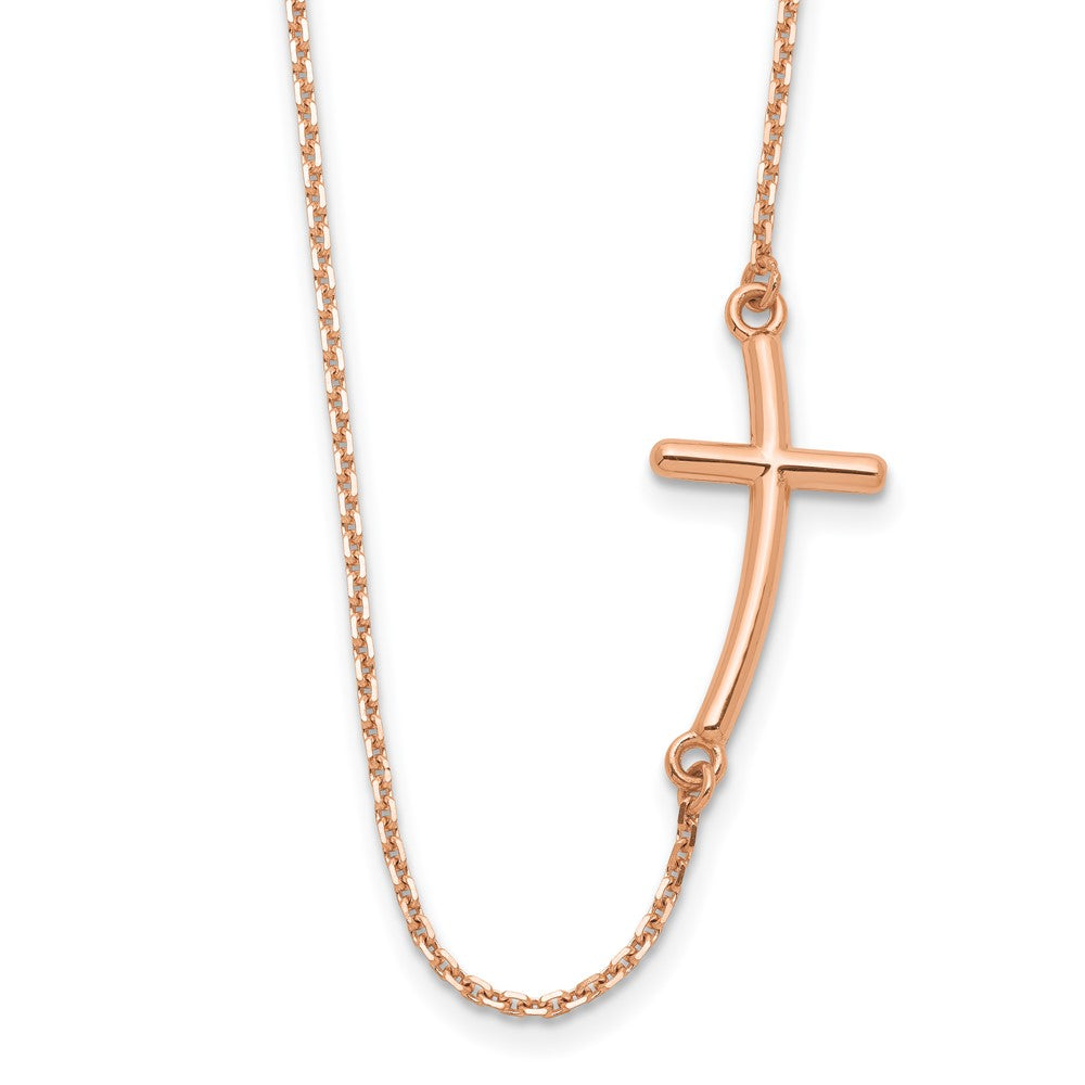 14k Rose Gold Polished Large Sideways Curved Cross Necklace 19"