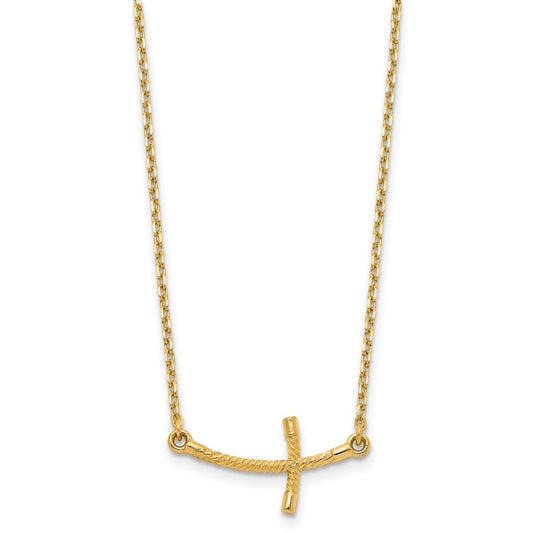 14k Gold Small Sideways Curved Twist Cross Necklace 19"