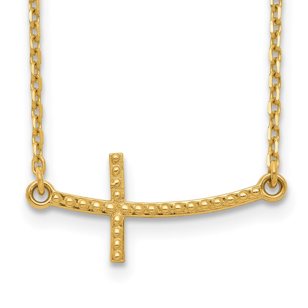 14k Yellow Gold Curved Textured Sideways Cross Necklace 19"