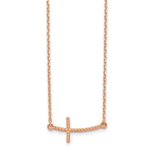14k Gold Sideways Curved Textured Cross Necklace 19"