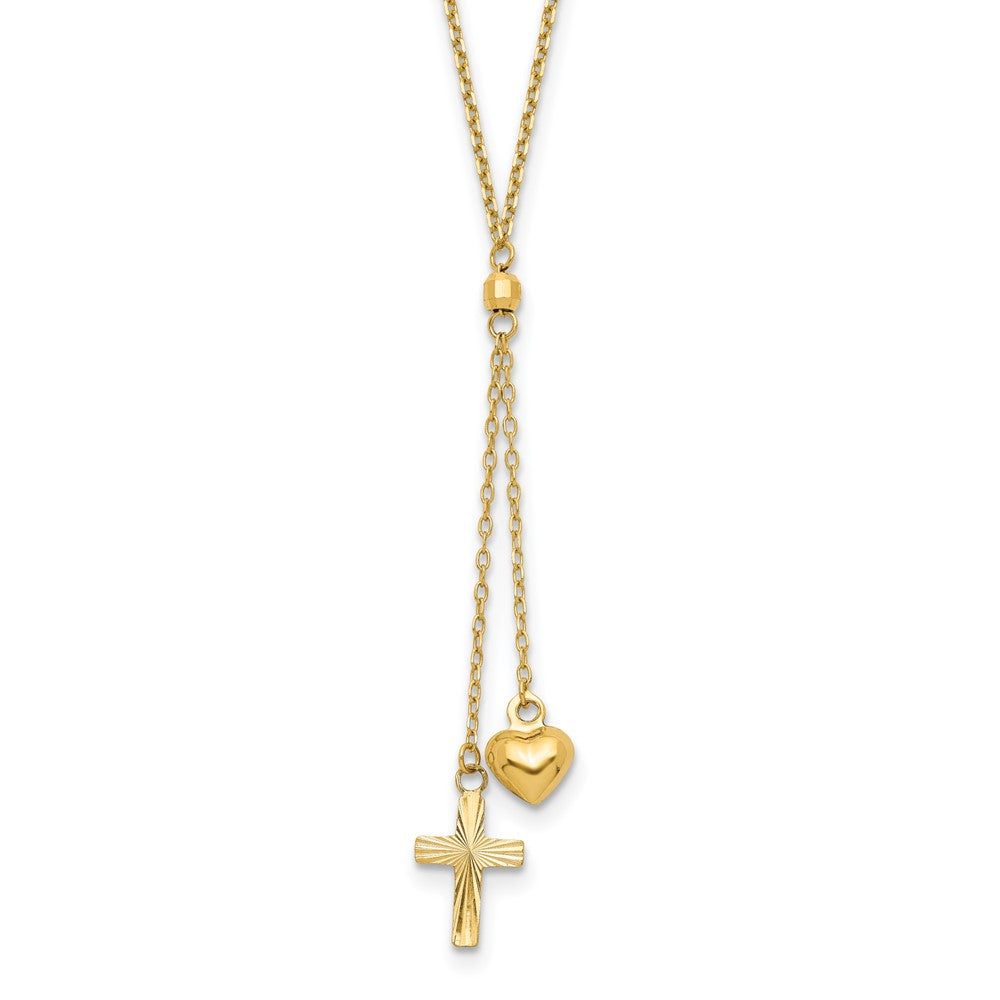 14k Yellow Gold Puffed Heart and Diamond-cut Cross Y-Necklace 16"