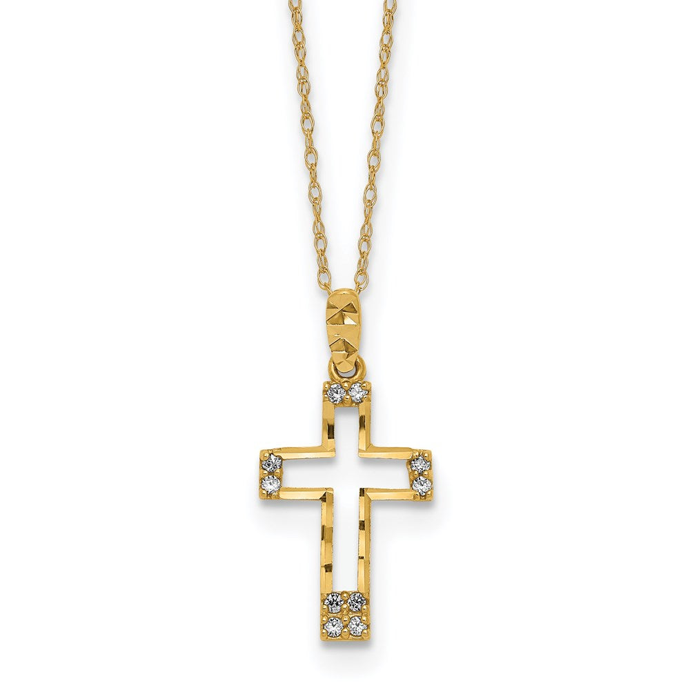 14k Yellow Gold Polished Diamond-cut Cubic Zirconia Cross Pendant Necklace 16"