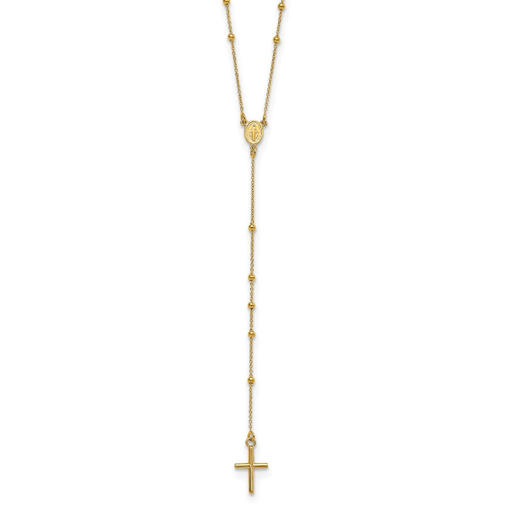 14k Yellow Gold Polished Cross and Miraculous Medal Beaded Rosary Necklace 24"