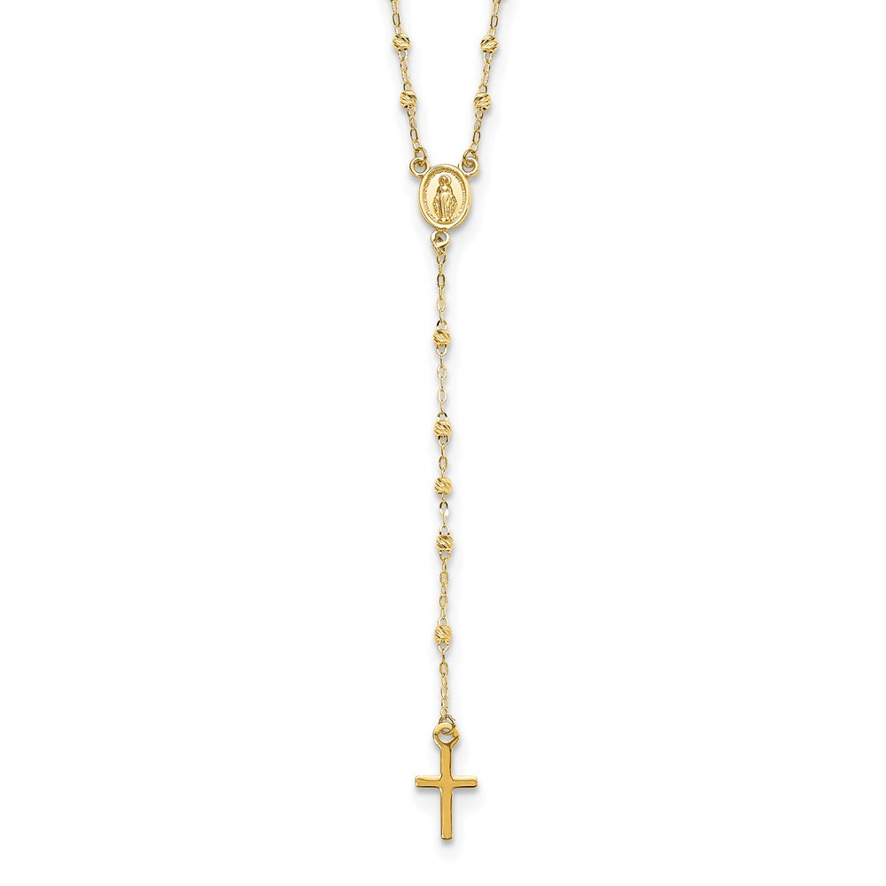 14k Yellow Gold Polished Cross and Miraculous Medal with Diamond-cut Beads Rosary Necklace 20"