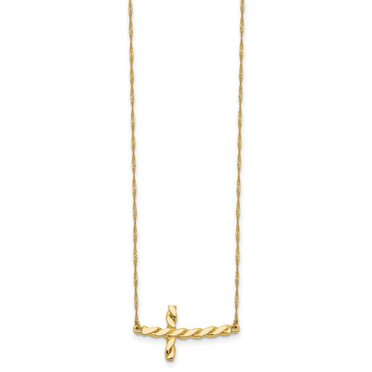 14k Yellow Gold Polished Twisted Sideways Cross Necklace 17"
