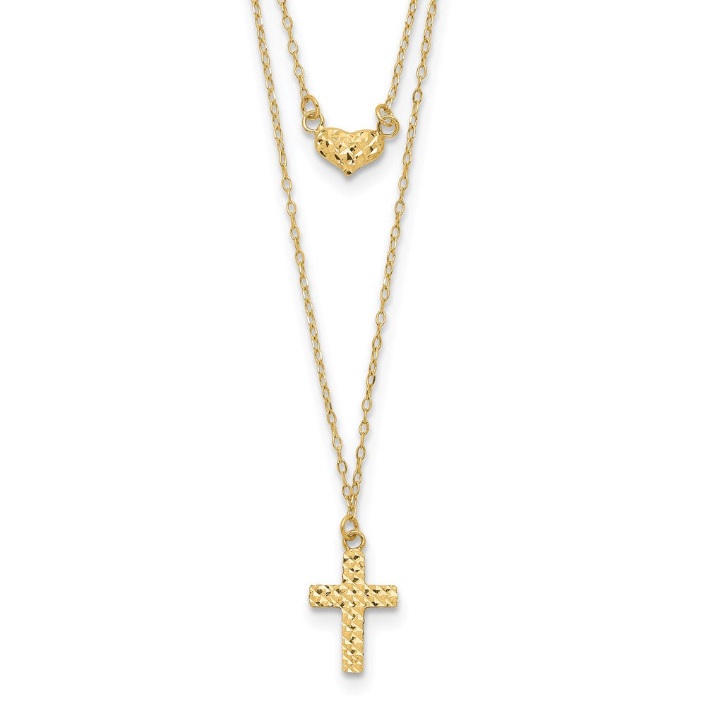 14k Yellow Gold Polished 2-Strand Diamond-cut Cross and Heart Necklace 18"