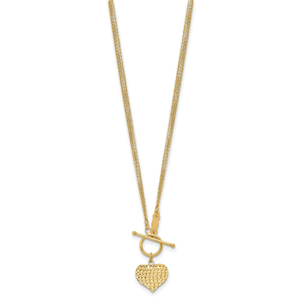 14k Yellow Gold Polished Diamond-cut Heart with 3-Strand Chain Toggle Necklace 18"