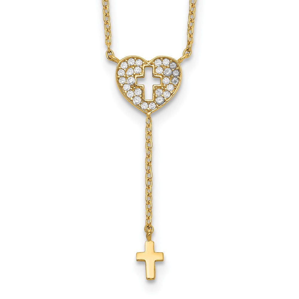 14k Yellow Gold Heart with Cross Cubic Zirconia Necklace 17"
