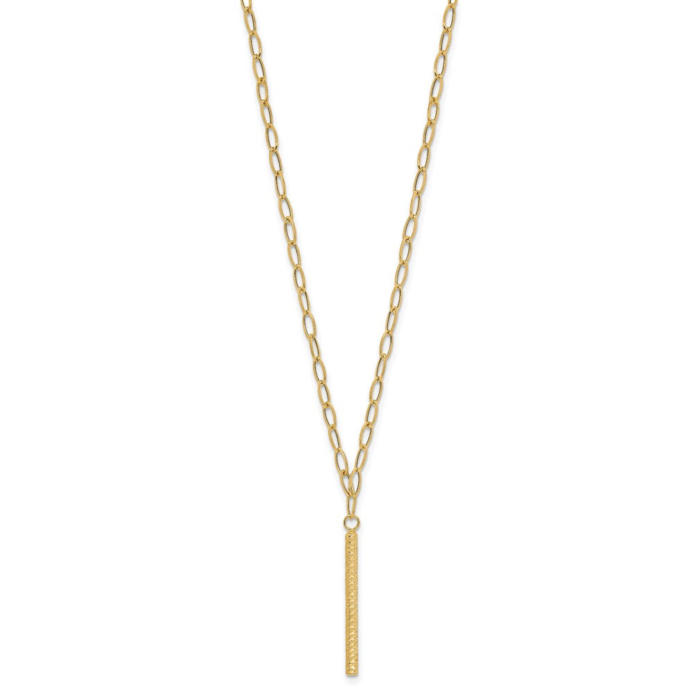 14k Yellow Gold Polished Oval Link Chain with Diamond-cut Bar Dangle Necklace 18"