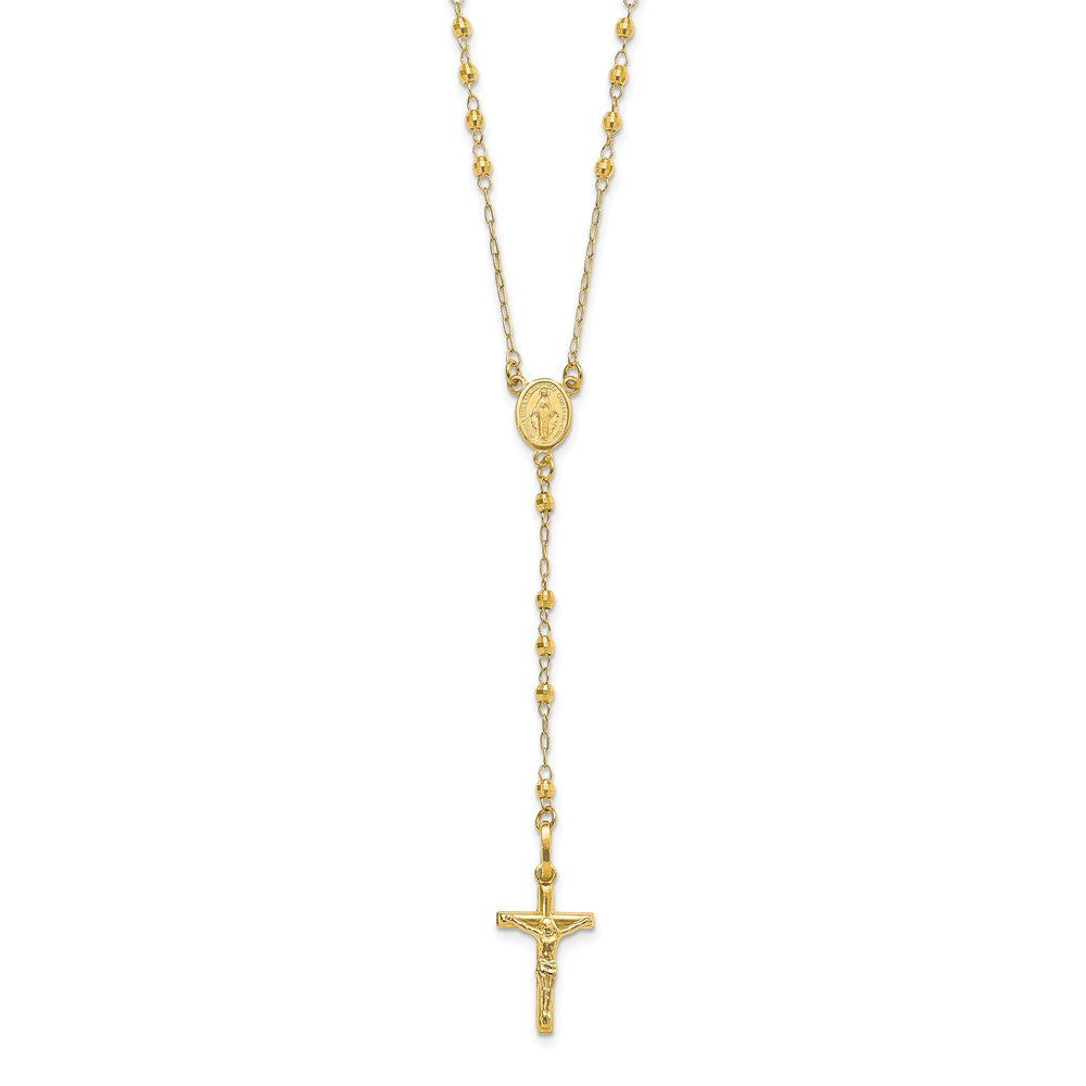14K Polished Crucifix and Miraculous Medal with Faceted Beads Rosary Necklace 24"