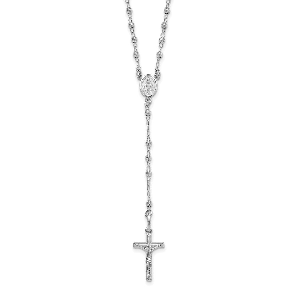 14K White Gold Polished Crucifix and Miraculous Medal with Faceted Beads Rosary Necklace 18"