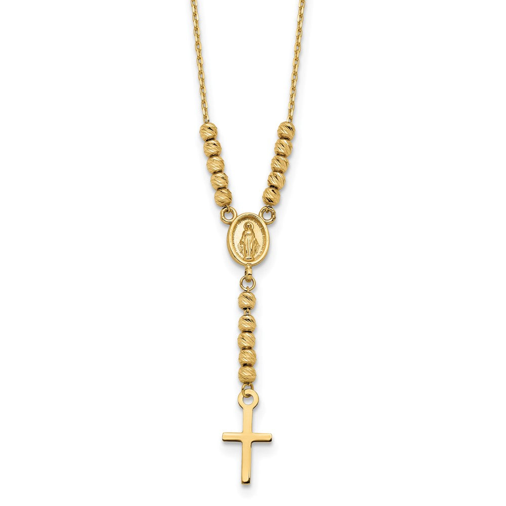 14k Yellow Gold Polished Miraculous Medal and Cross with Diamond-cut Beads Y-Necklace 17"